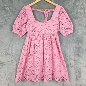 Womens Dress XS Pink Eyelet Cottage Milkmaid Mini Babydoll Puff Sleeve‎ Selkie